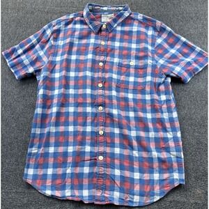 True Grit Shirt Mens Small Blue Coral Plaid‎ Cotton Short Sleeve Button Up